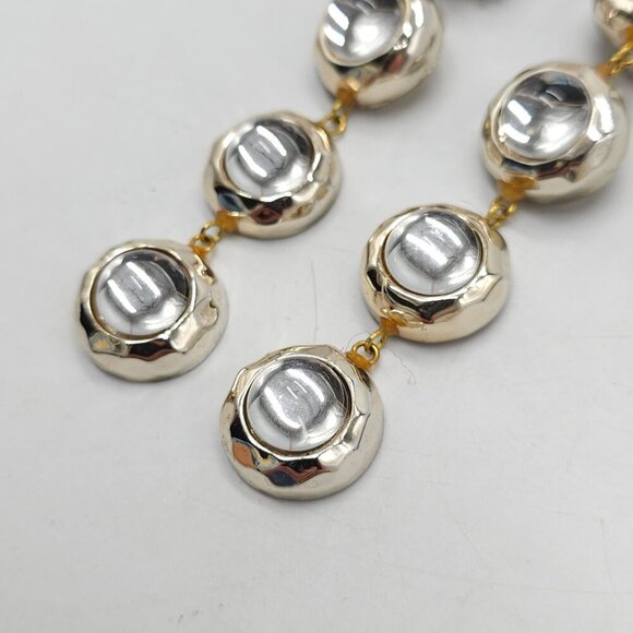 Vintage 1980s Gold-Tone Drop Clip On Earrings With Clear Domed Accents - Picture 3 of 5